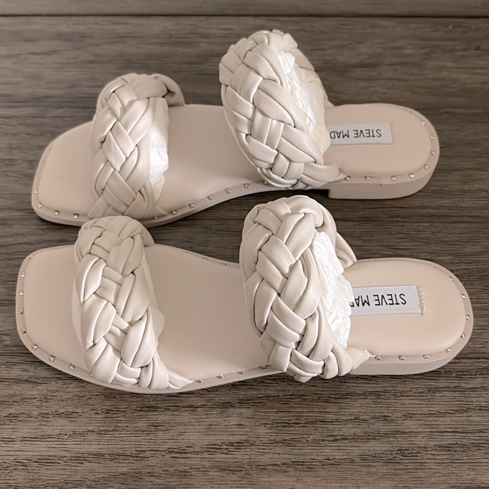 NEW [Steve Madden] Studded Braided Low Heel Slide Sandals in Cream Women’s Sz 6 - Picture 2 of 10